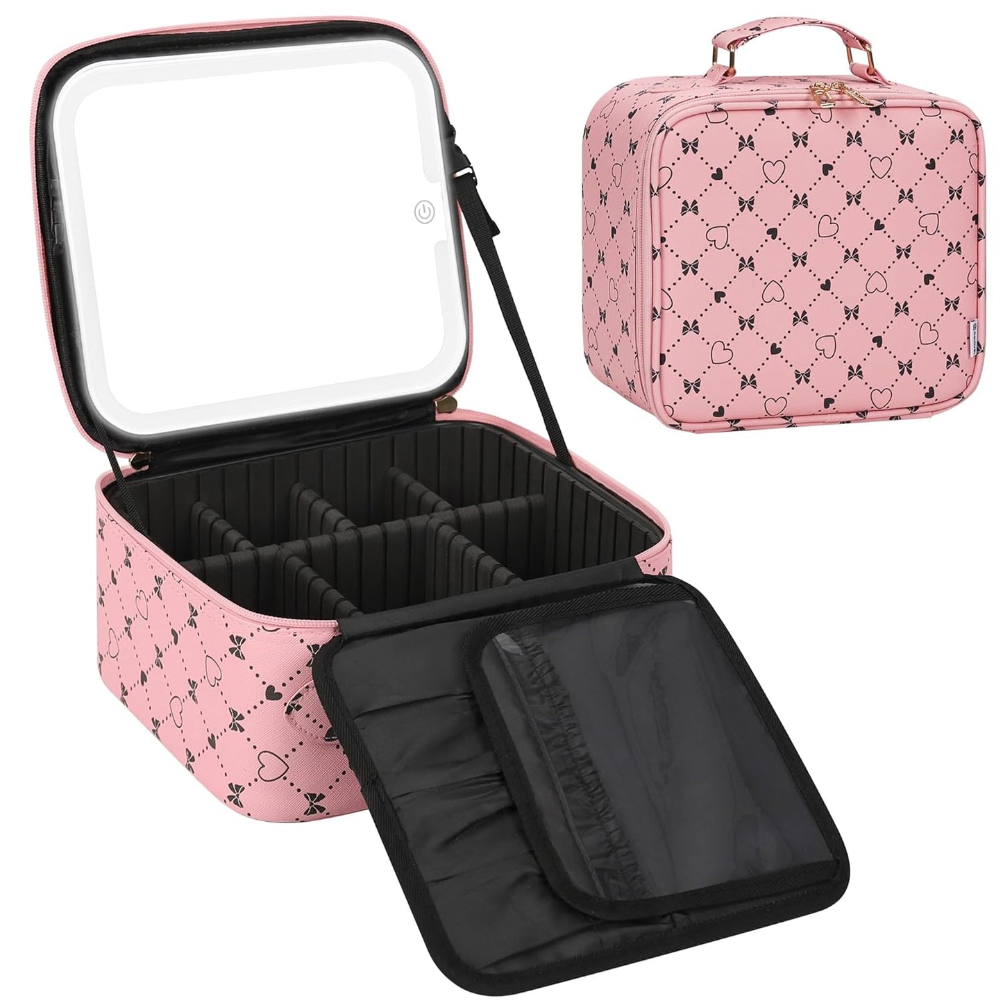Relavel Travel Makeup Bag With LED Mirror, Compact Cosmetic Organizer Storage with Brush Compartment, 3 Colors in Adjustable Brightness, Adjustable Dividers, Make Up Train Case - Pink Bowknot