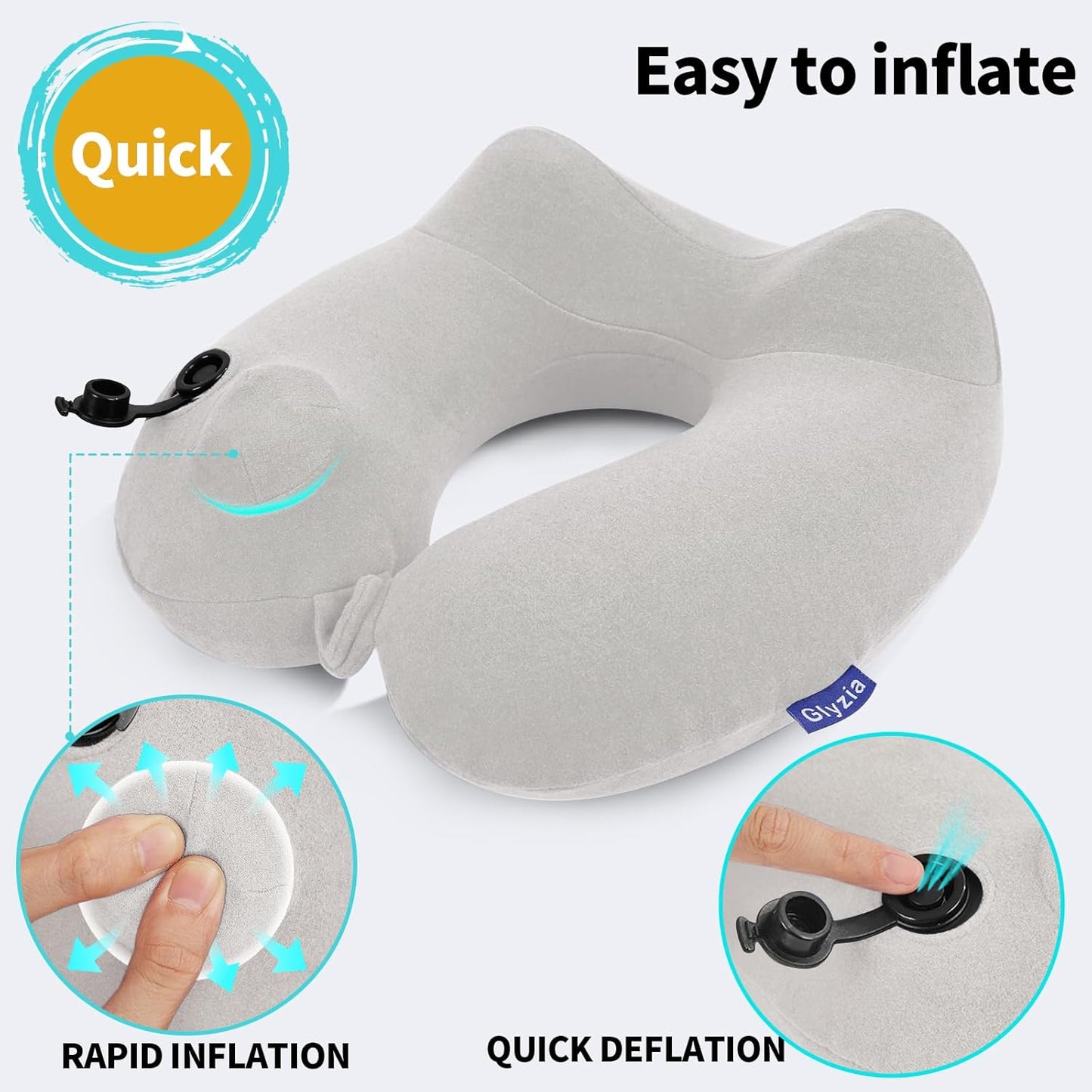 2 Pack Inflatable Travel Neck Pillows for Airplanes, Head Support Velvet Adult Neck Pillows for Long Flight, Kit with Eye Mask, Earplugs and Storage Bag, 2, Light Gray