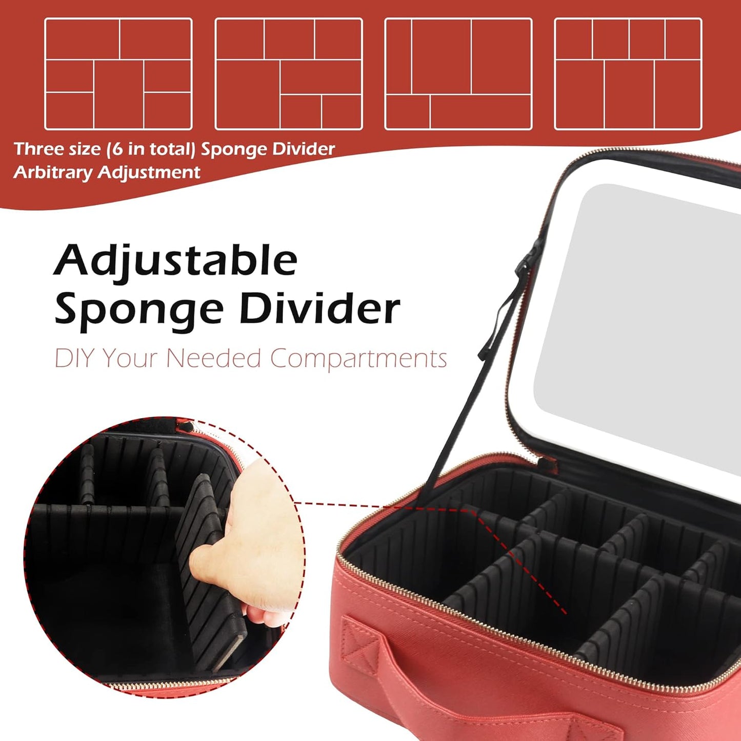 MOMIRA Travel Cosmetic Train Case with Lighted Mirror 3 Color Scenarios Cosmetic Bag Organizer with Adjustable Dividers Makeup Storage for Women, Makeup Accessories & Tools Case Red