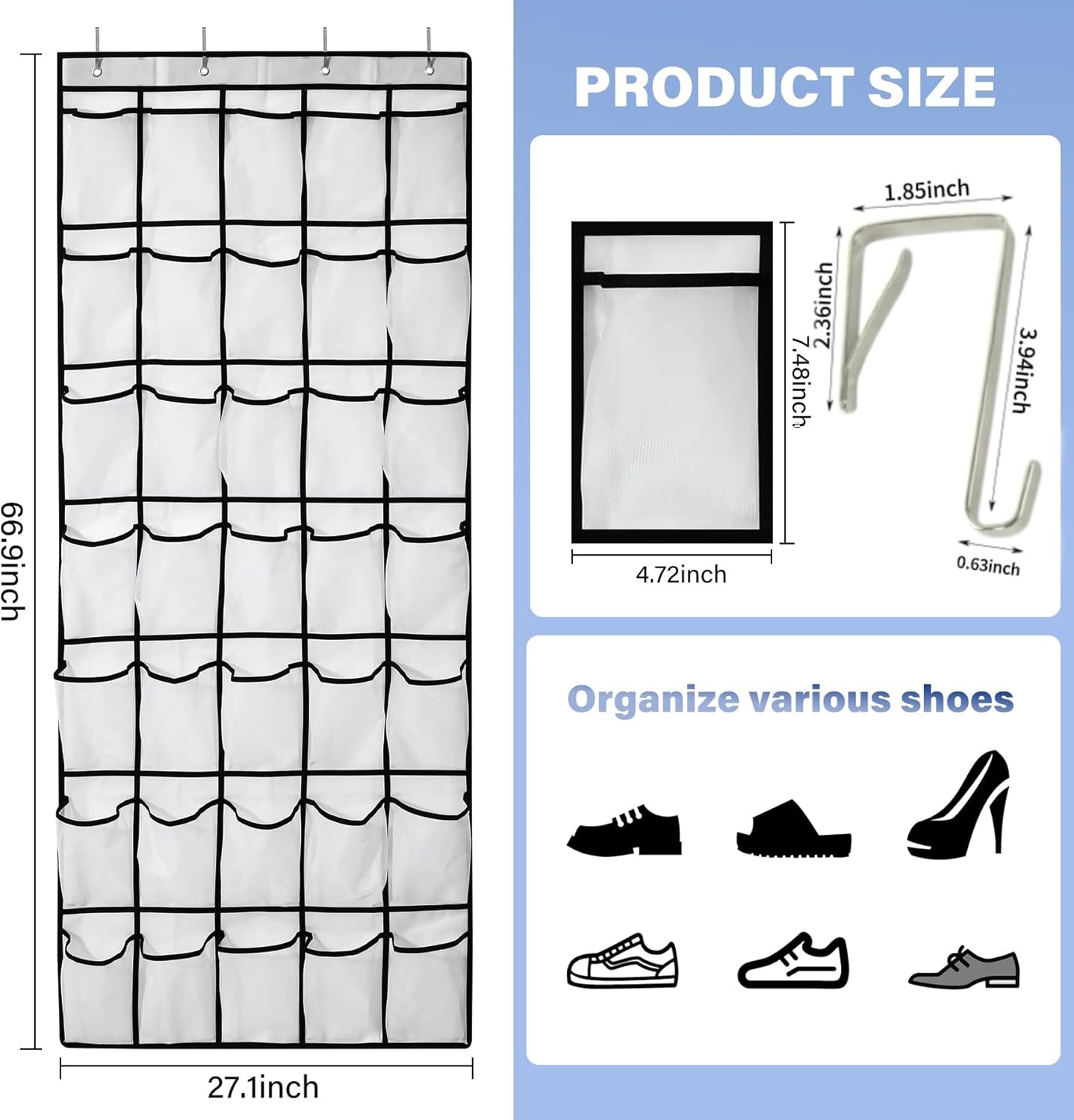 35Large Pockets Over The Door Shoe Organizer, Mesh Pockets Shoe Holder Rack, Capacity Shoe Hanging Storage，door shoe rack With 4 Metal Hook.