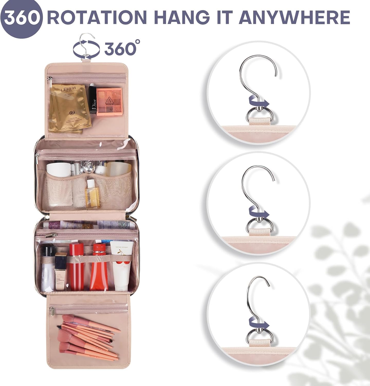 Hanging Toiletry Bag for Women Travel, 2 Sizes Large & Small Waterproof Cosmetic Organizer with 4 Compartments, Rotating Hook, Foldable Pink Travel Bag for Toiletries & Makeup - Medium Grey