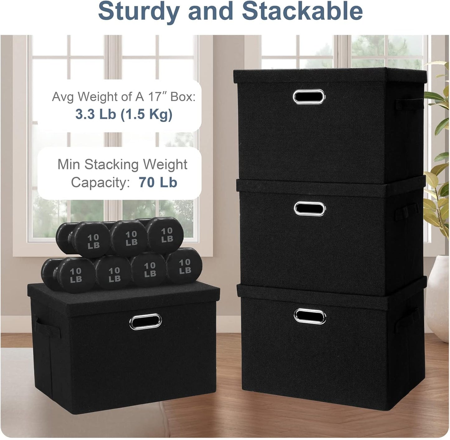 Large 17" 36 Quart Collapsible Stackable Storage Bins with Lids, 3 Packs Black Linen Fabric Closet Boxes with Lids, Storage Cube Baskets Container Organizers for Bedroom Office(17 x12 x11)