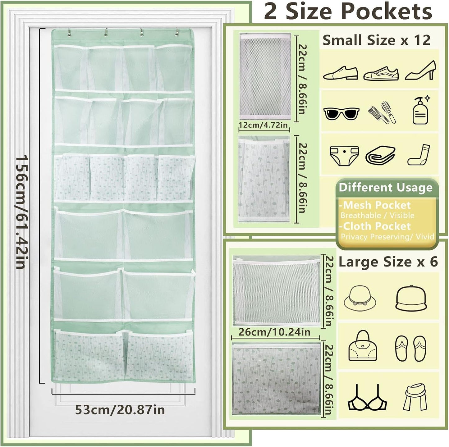 18 Pocekts Over the Door Shoes Organizer,Behind Door Hanging Storage Pocekt for Sock,Underwear,Hat,Handbag,Back of Door Hanging Shelf for Bedroom,Bathroom,Entryway,Storeroom,Pantry,Dorm,Nursery,2 Pack