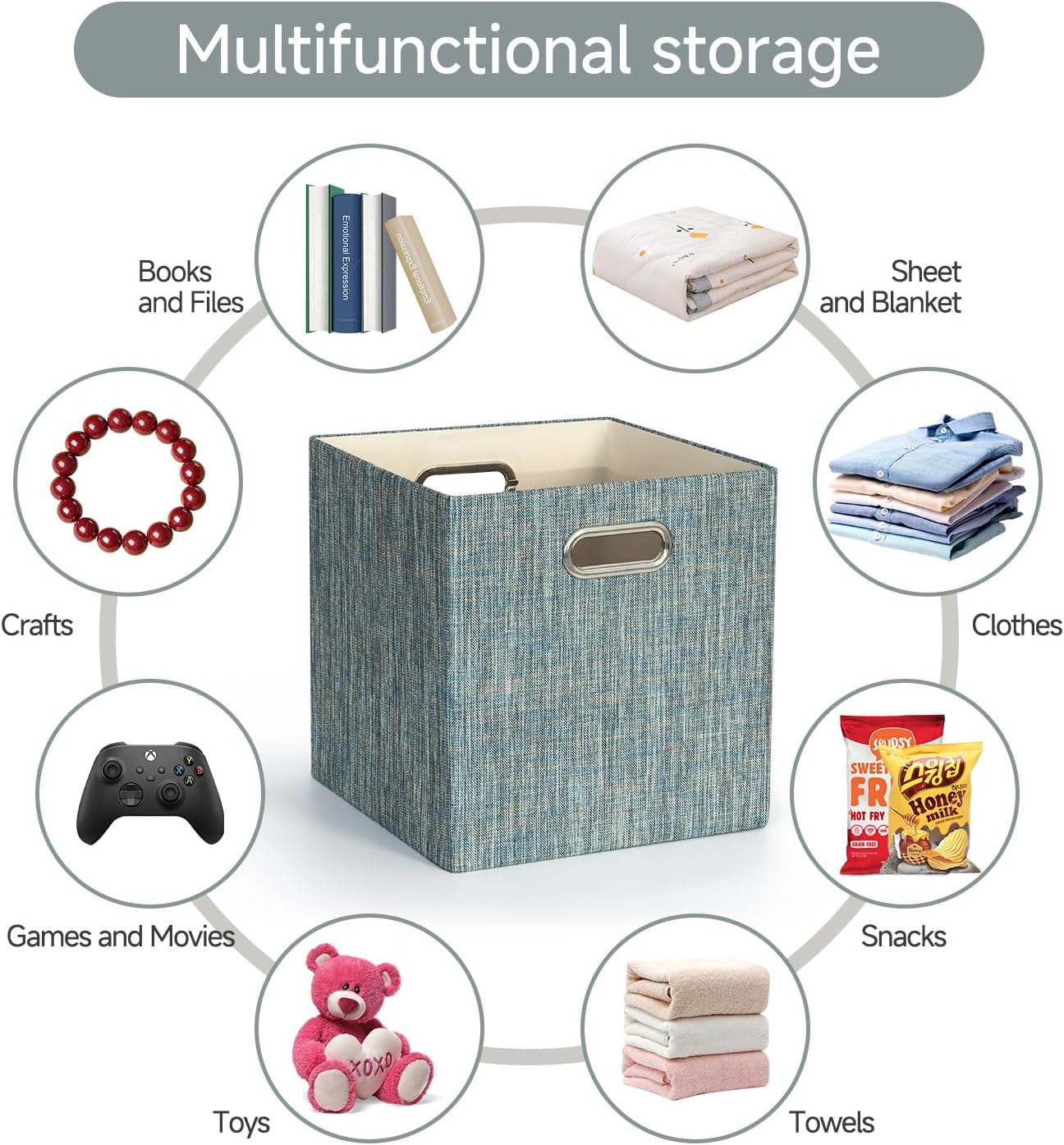 Posprica Storage Basket Bins,13×13×13 Foldable Storage Boxes Fabric Drawer Cubes for Closet Shelf Cabinet Bookcase - Set of 4,Teal