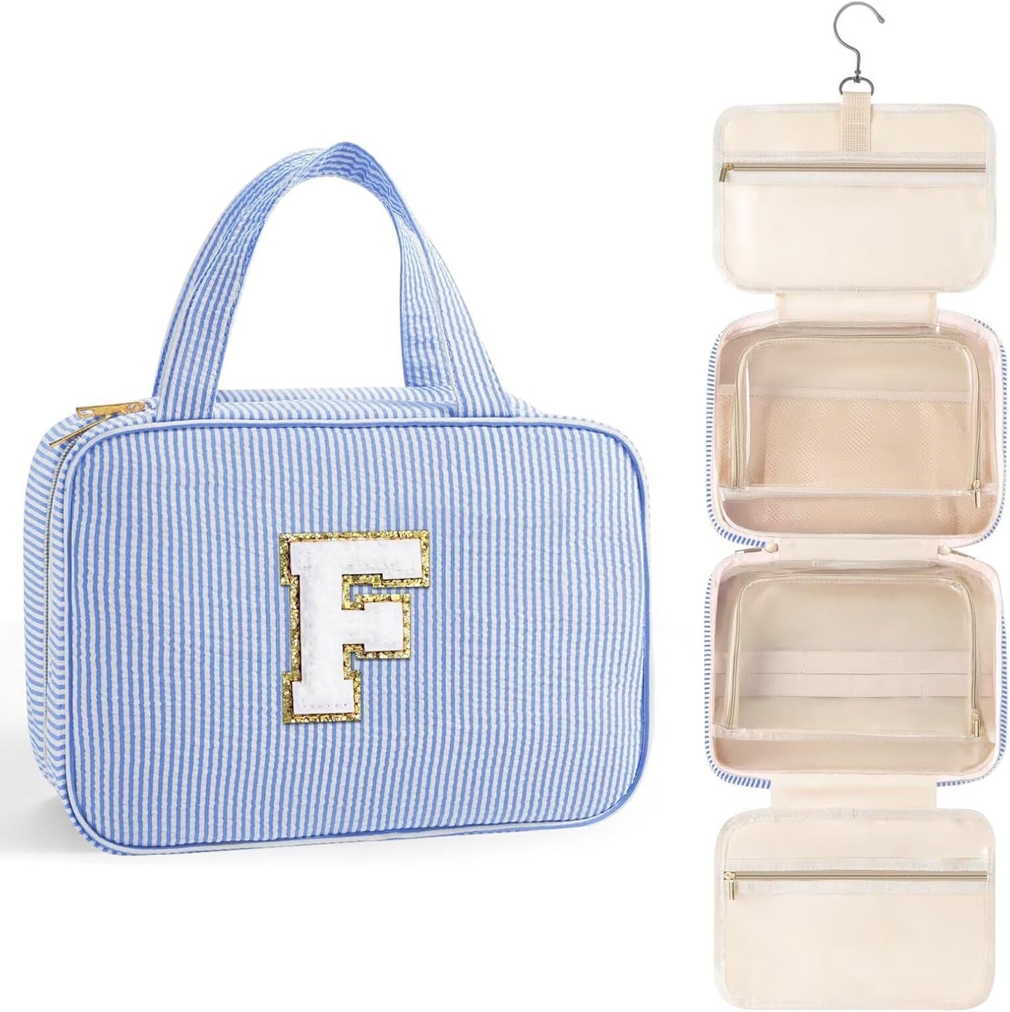 TOPEAST Gifts for Friends - Friendship Gifts for Women, Travel Toiletry Bag for Women, Hanging Toiletry Bag, Monogrammed Initial Tolietry Pouch Makeup Bag - Letter F, Blue