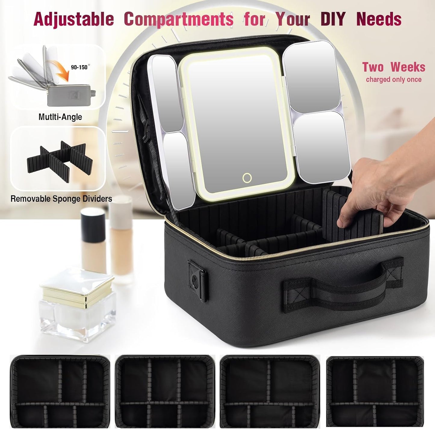 Mid-Size Makeup Bag with LED 1X5X10X20X30X Magnifying Mirror and Travel Makeup Train Case Cosmetic Organiser with Mirror and Separate Makeup Brush Panel, Portable Adjustable Divider, Black