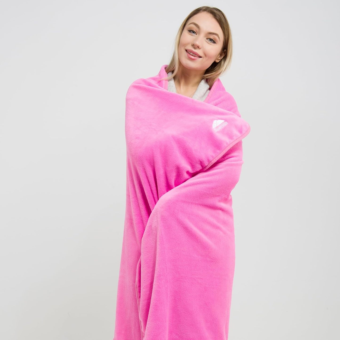 BlueHills Premium Soft Travel Blanket Pillow Airplane Blanket Packed in Soft Bag Pillowcase with Hand Luggage Belt and Backpack Clip, Compact Pack Large 2 in 1 Combo for Any Travel (Pink T004)