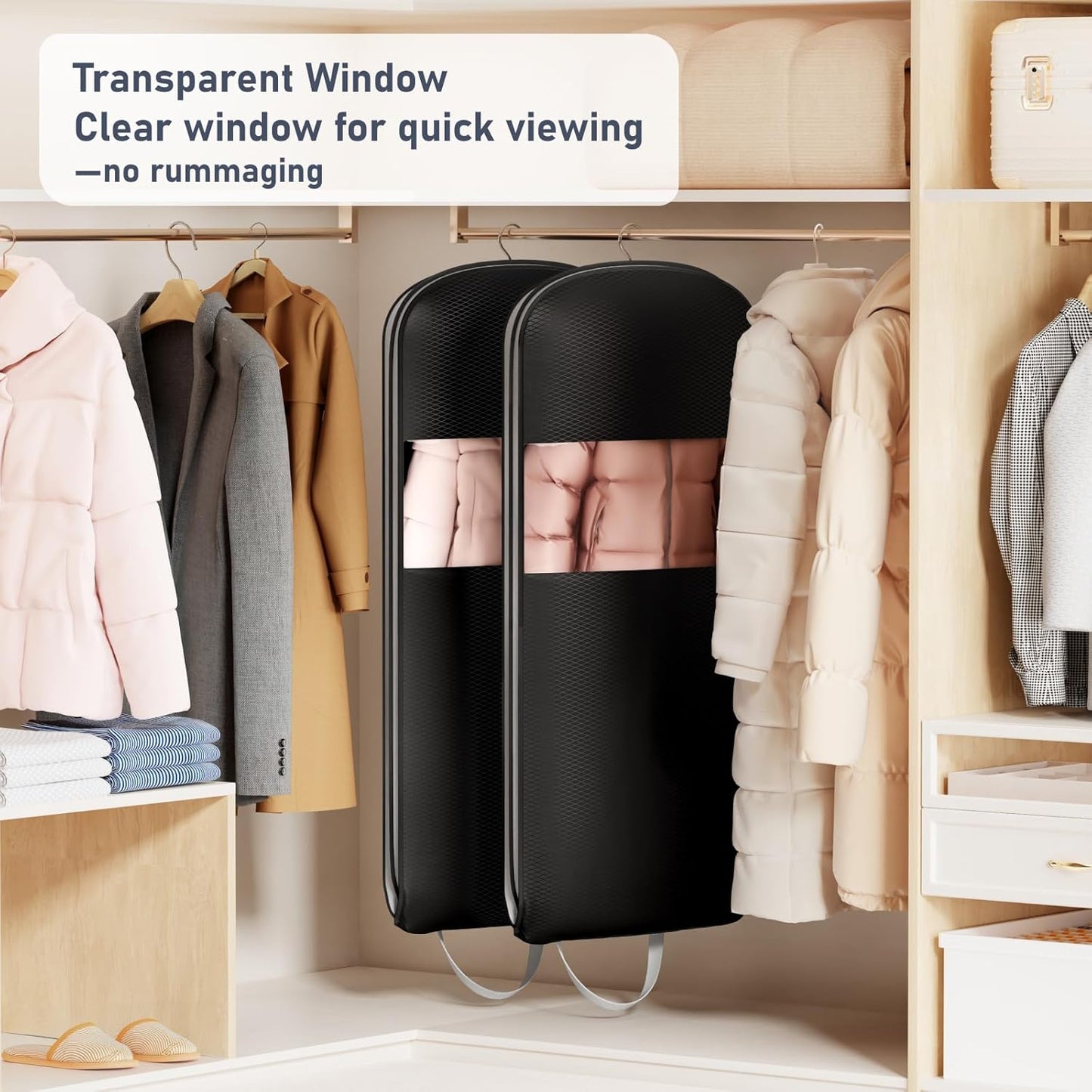 DIMJ 3 Pack 43" Garment Bags for Hanging Clothes - Space Saving Compression Suit Bag Travel with Handles Window, Washable Carry Clothing Storage Cover for Dress, Coats, Down Jacket, Shirts