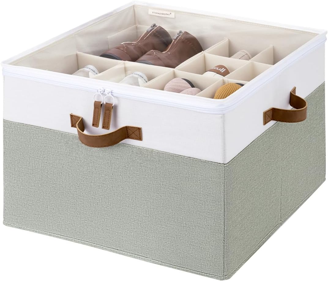 StorageWorks Shoe Organizer for Closet, Fits up to 16 Pairs, Shoe Cubby Storage Containers with Adjustable Dividers and Clear Cover, Green & White