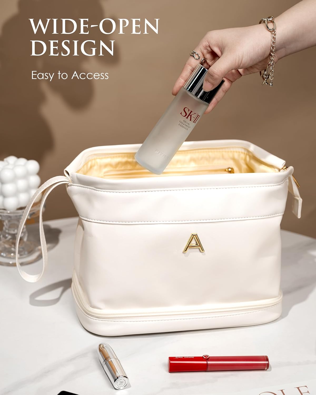 Girl Gift Ideas, White Makeup Bag, Initial Double Layer Cosmetic Bag with Makeup Brush Organizer, PU Leather Travel Toiletry Bag Gifts for Women Her Friend Sister Mom Gifts