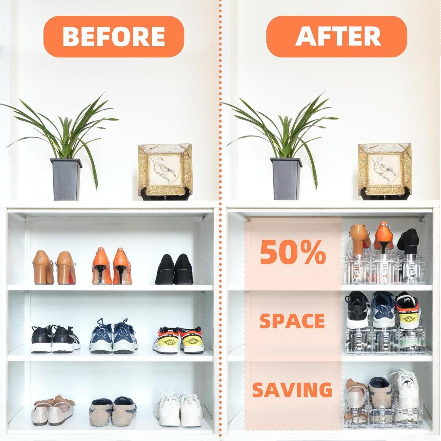 Shoe Slots Organizer, 20PCS Adjustable Double Layer Stack Shoe Rack, 50% Space-Saving Storage Rack Holder, Transparent