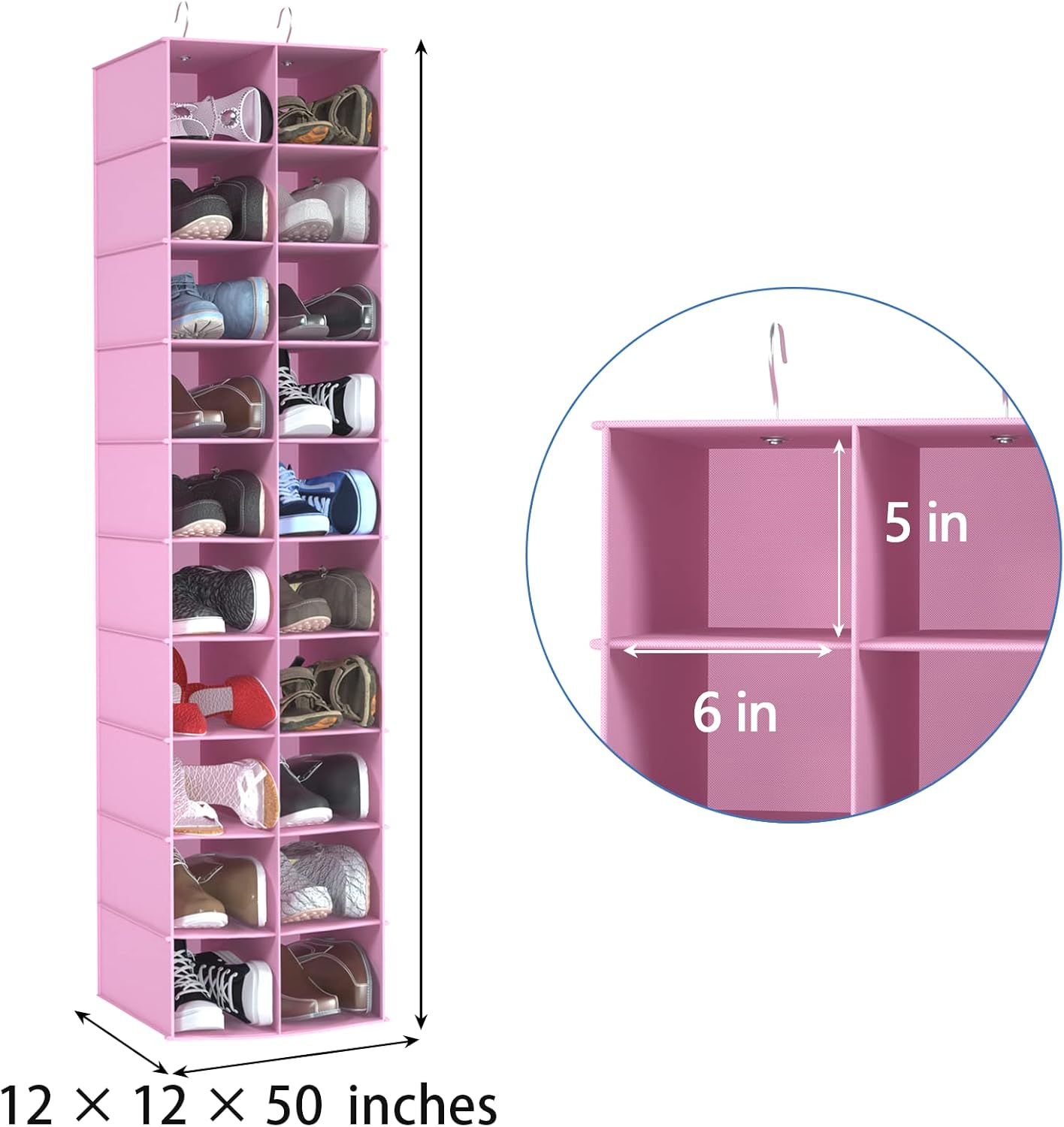 coastal rose Hanging Shoe Organizer for Closet, 20 Sections Hanging Closet Organizers and Storage Shelves, Space Saving Shoe Storage Rack Holder, Pink, 12''W×12''Dx 50''H