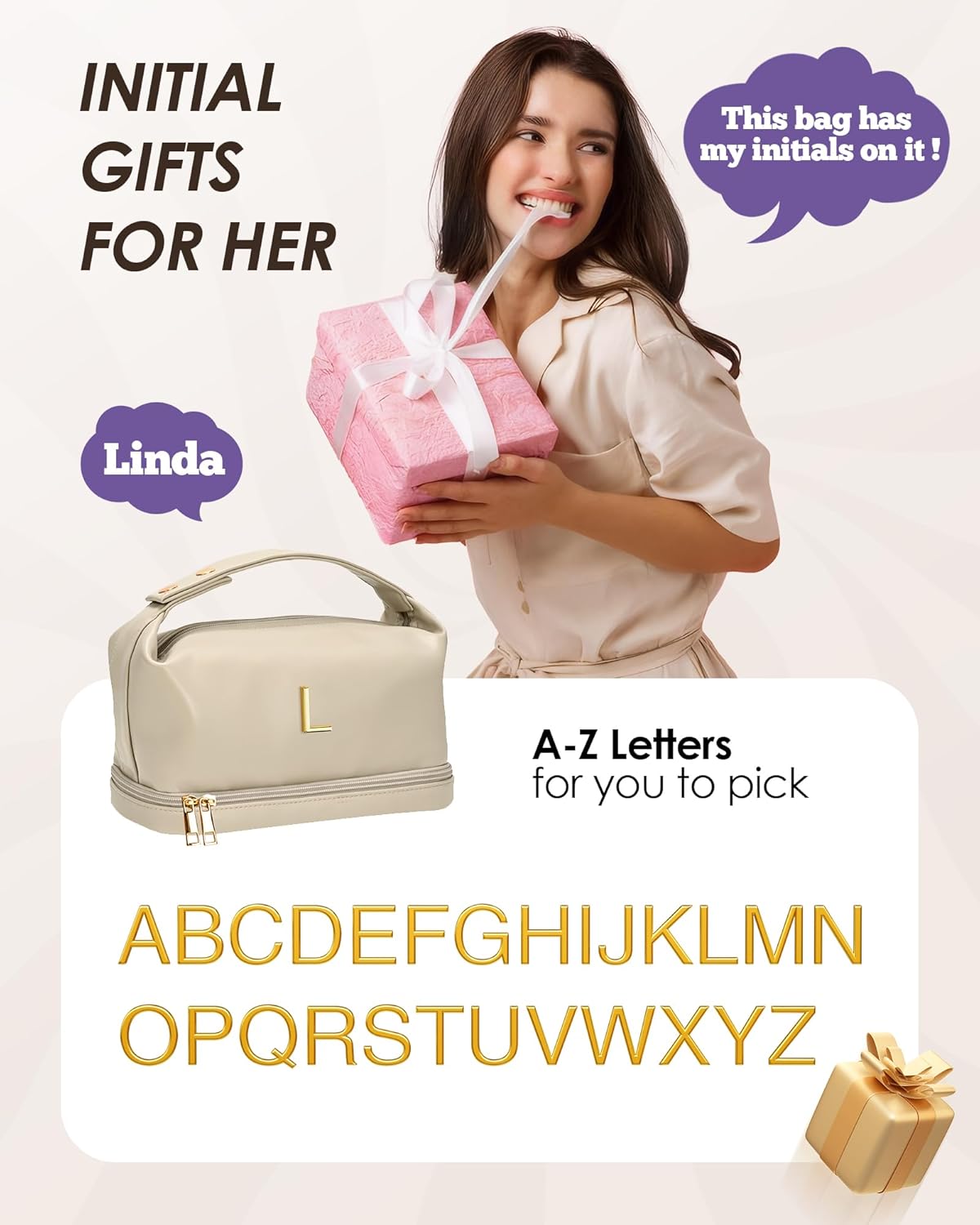 Birthday Gifts for Girls, Makeup Bags, Personalized Double Layer Cosmetic Bag with Makeup Brush Organizer, Gift for Her，PU Leather Travel Toiletry Bag, Travel Stuff for Girls