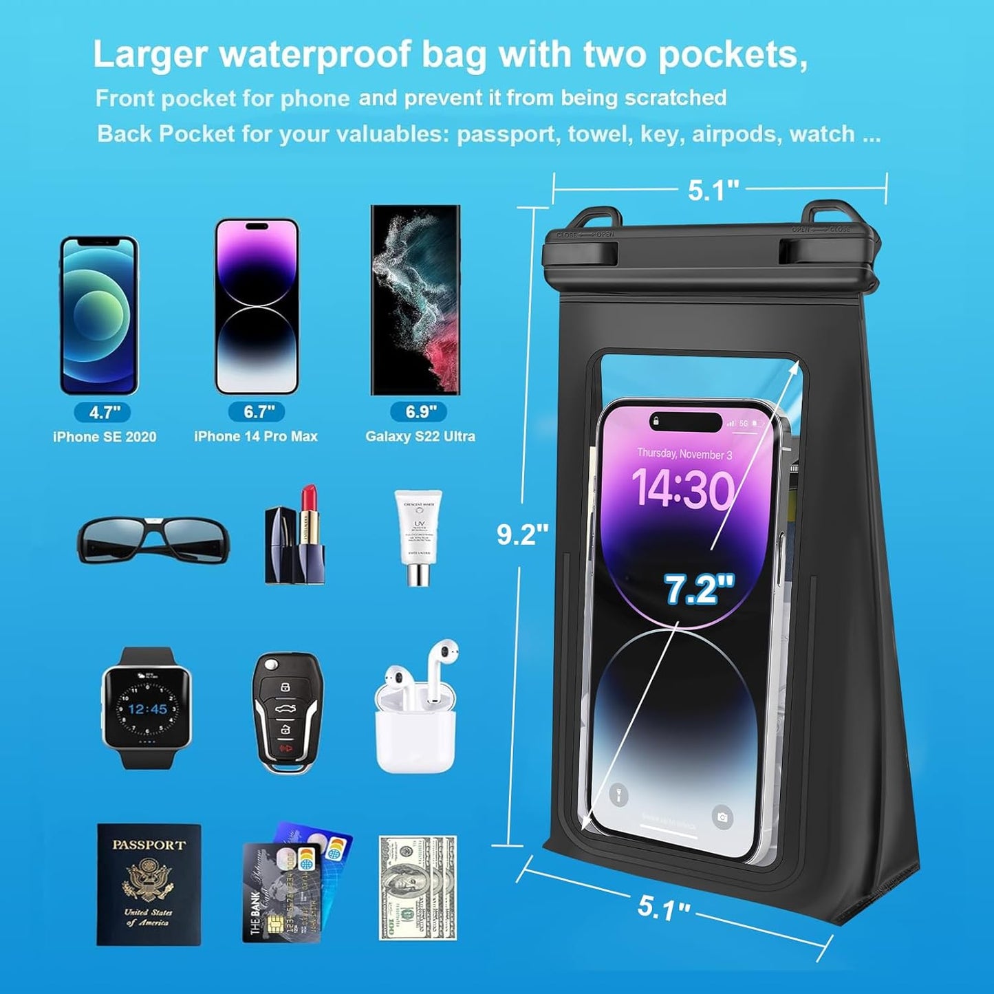 Large Waterproof Phone Pouch Floating, Universal Waterproof Phone Case for iPhone 15 Pro Max 14 Plus 13 12 11 Samsung up to 7.2'', IPX8 Water Proof Cellphone Dry Bag for Beach Pool Swimming Black