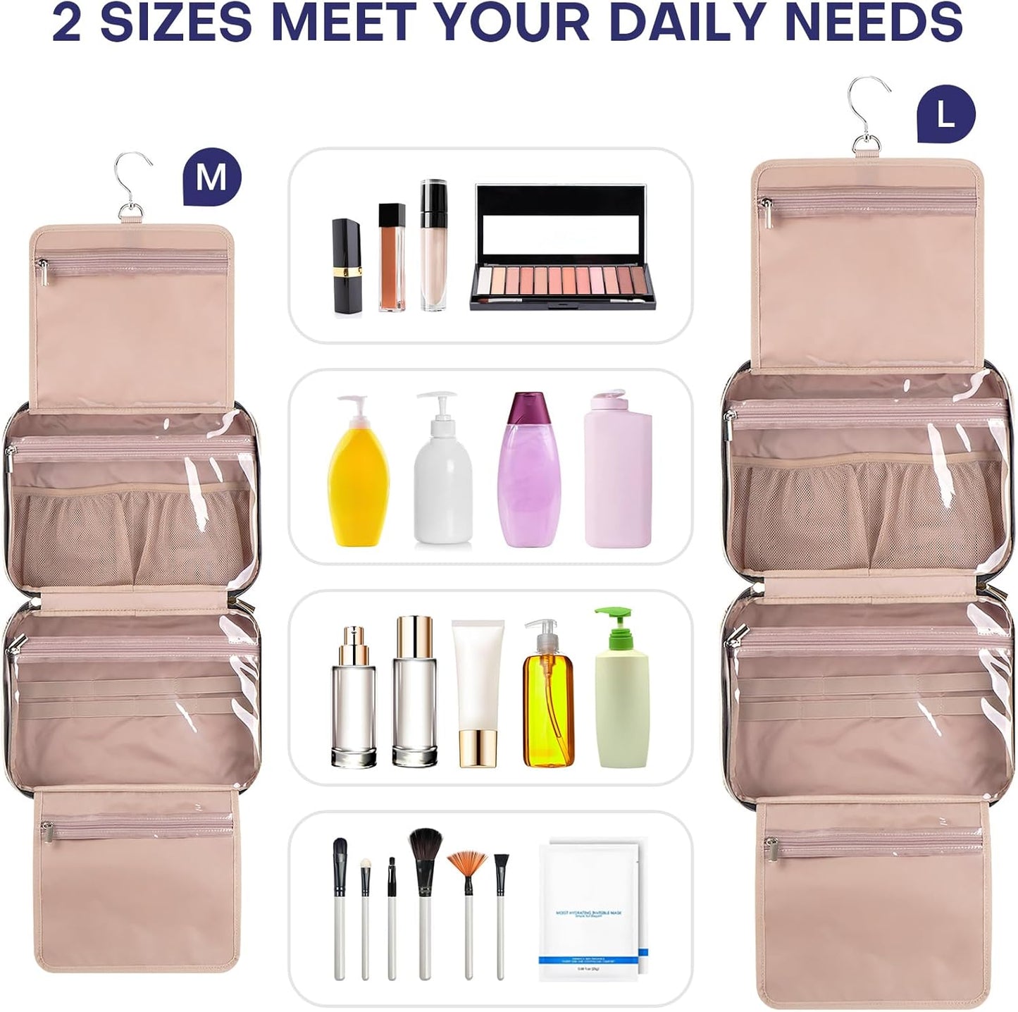 Hanging Toiletry Bag for Women Travel, 2 Sizes Large & Small Waterproof Cosmetic Organizer with 4 Compartments, Rotating Hook, Foldable Pink Travel Bag for Toiletries & Makeup Medium Grey Blue