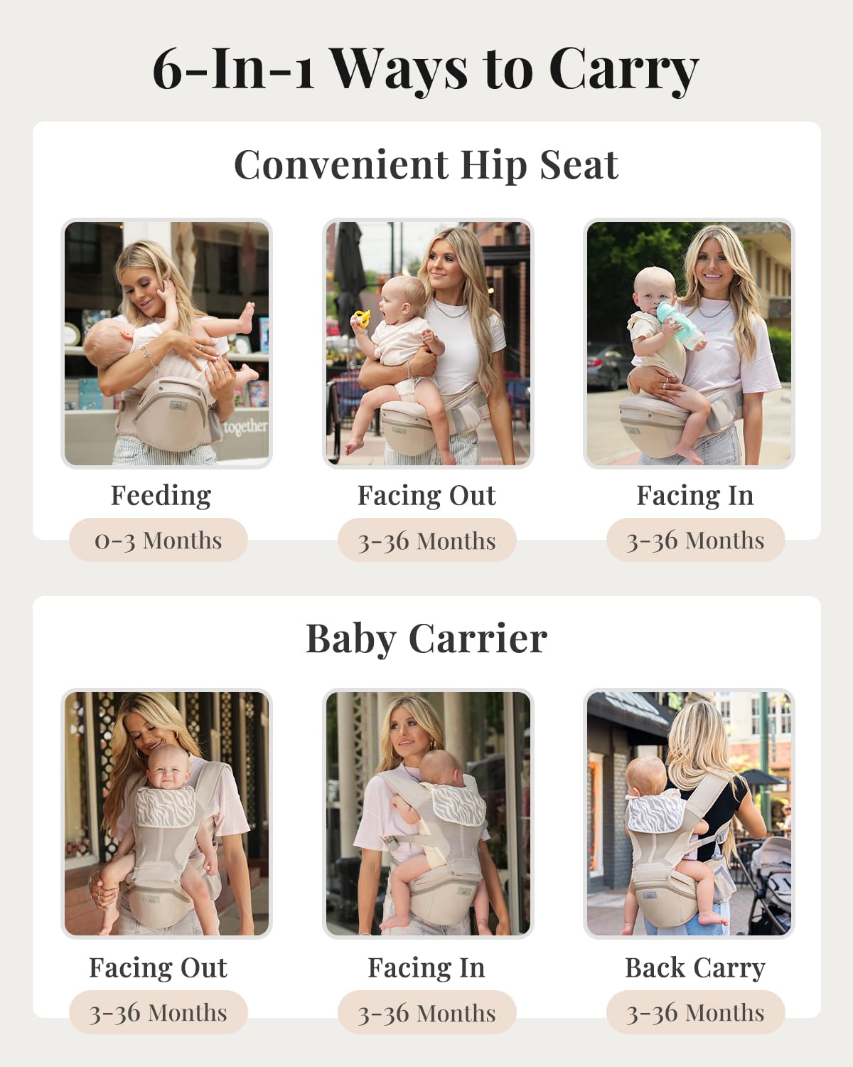 MOMTORY Carryall™ Pro Baby Carrier, Safety-Certified 6-in-1 Baby Carrier Newborn to Toddler, Detachable Baby Holder Carrier with Hip Seat, Ergonomic Cozy Baby Body Carrier for 7-50lbs, Khaki