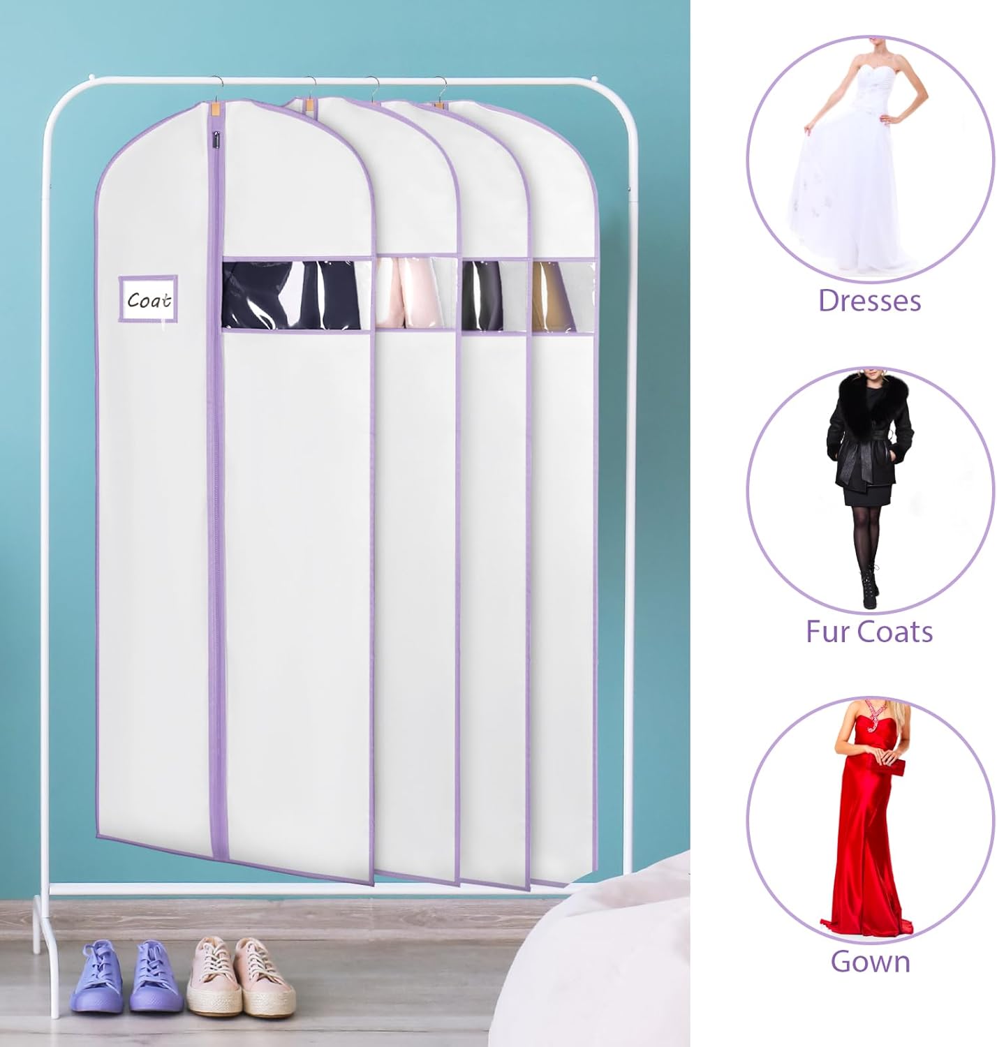 Syeeiex 60'' Garment Bags for Hanging Clothes, Set of 8 Dress Bags for Gowns, Dress Garment Bags for Gowns, Evening Dresses, Fur Coat, Long Dress(White & Purple)
