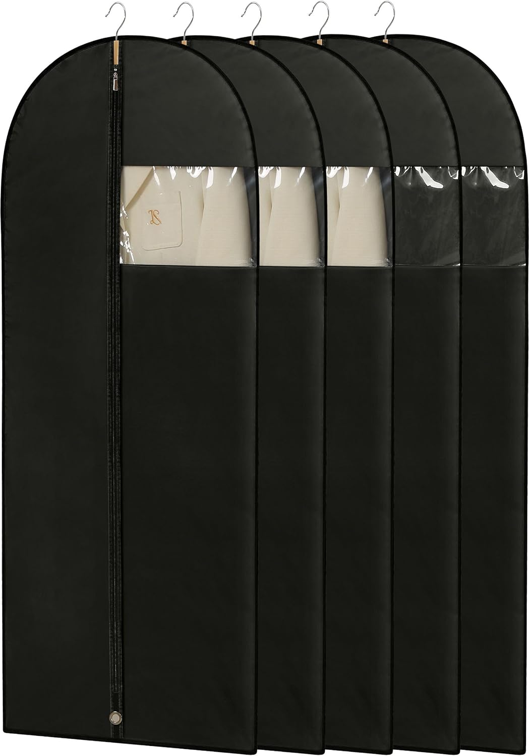 Dress Bags for Gowns, 65'' Long Garment Bags for Hanging Clothes, Dress Garment Bag, Black Dress Bag with Clear Window for Dresses, Coats, Uniforms（5 Packs）