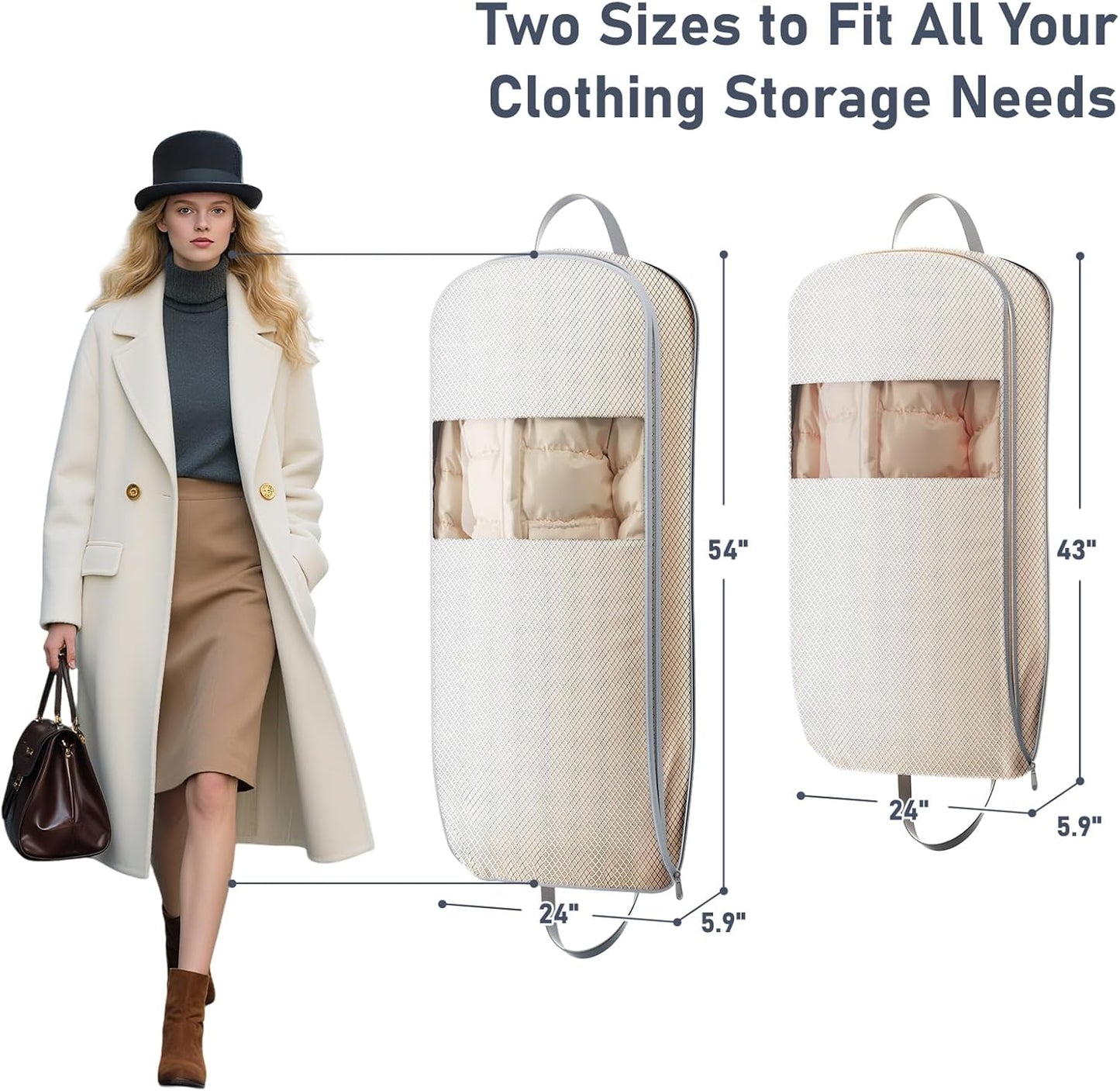 DIMJ 4 Pack 43" Compression Garment Bags for Hanging Clothes With Carry Handles and Window, Space Saving Washable Suit Bag for Dress, Clothes, Coats, Down Jacket, Closet Storage, Moving, Travel