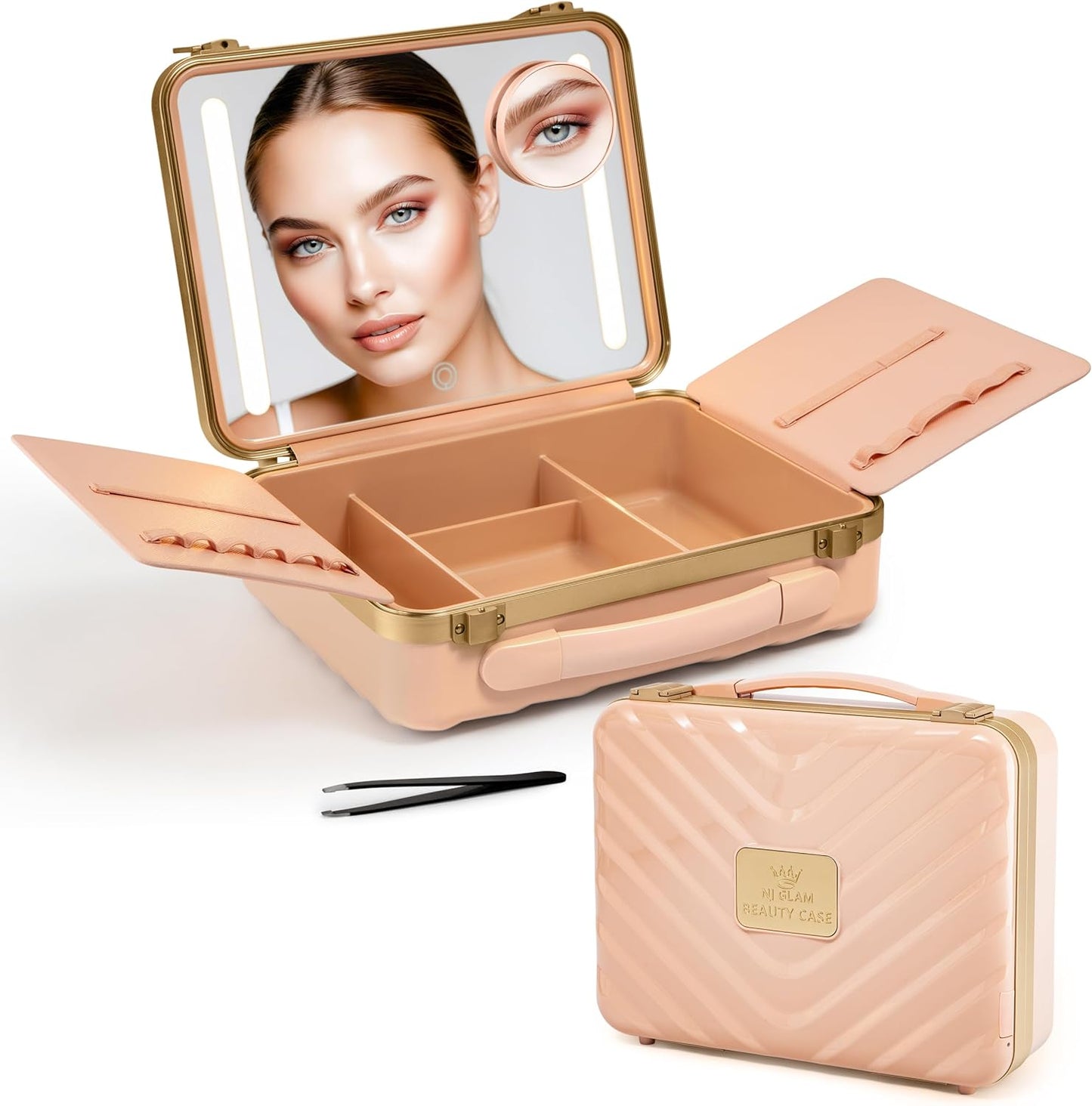 Travel Makeup Case with LED Mirror - Durable Makeup Case with Lighted Mirror with 3 Adjustable Light Settings - Rechargeable Makeup bag with light up Mirror - Mini 10x mirror included