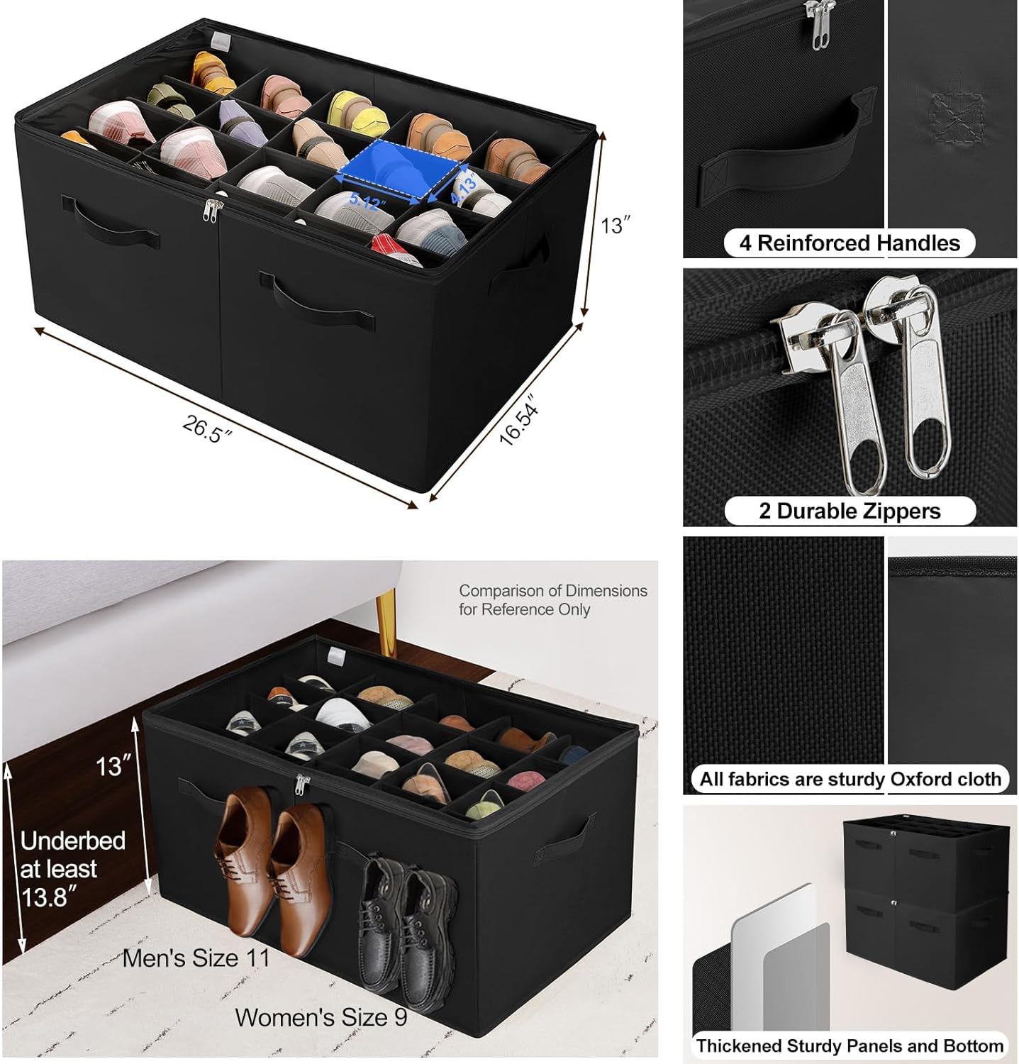 Shoe Organizer for Closet 2 Pack, Foldable Shoe Box with Adjustable Divider and Clear Cover, Space Saving Shoe Storage Organizer Cabinet with Reinforced Handles, Fits 40 Pair, Black, TP11B