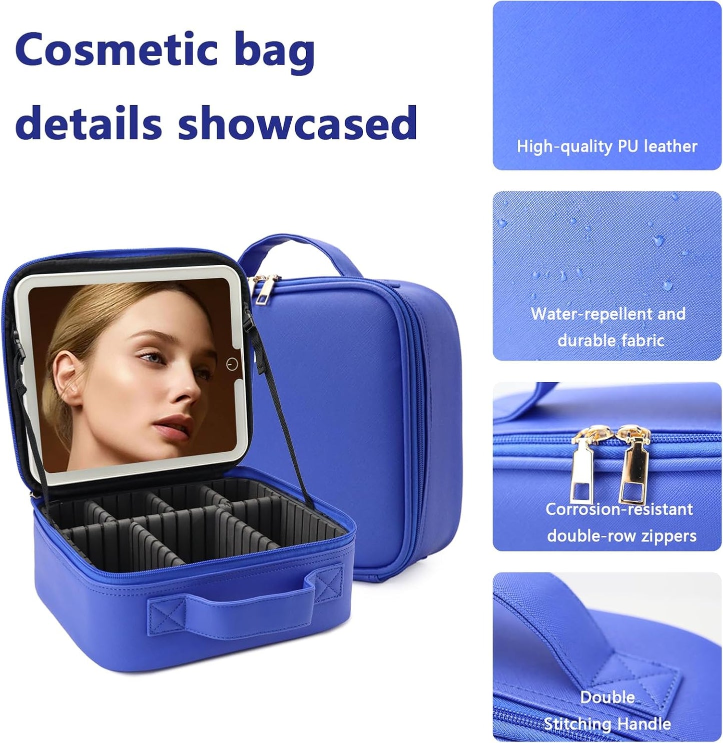 Travel Makeup Bag with LED Lighted Mirror, Travel Makeup Organizer,3 Color Setting Cosmetic Makeup Box, Adjustable Dividers and Brush Holder（dark blue）