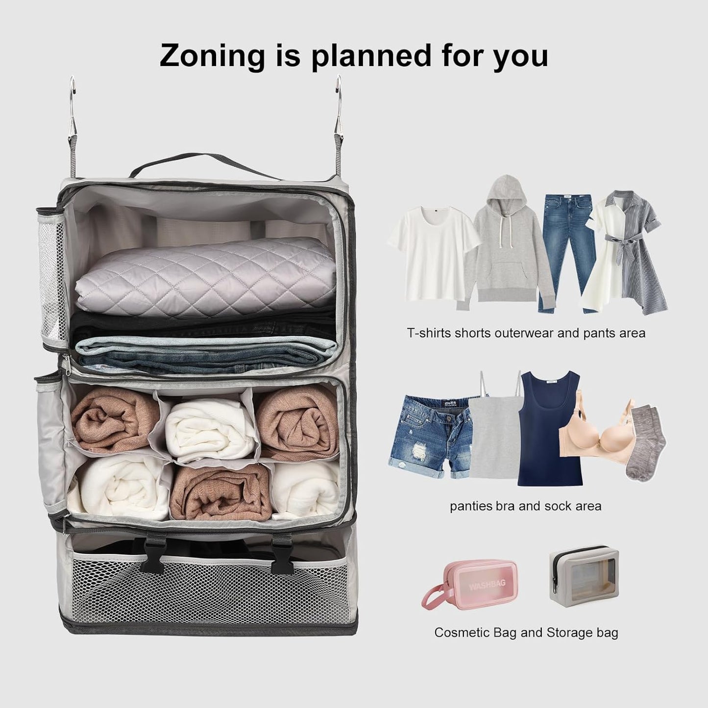 TABITORA Travel Portable Hanging Shelves Closet Organizer Packing Luggage Storage with Multifunctional and Foldable Invisible Compartment,Lightweight, for Suitcase, RV,Closet…lightgrey,XXL
