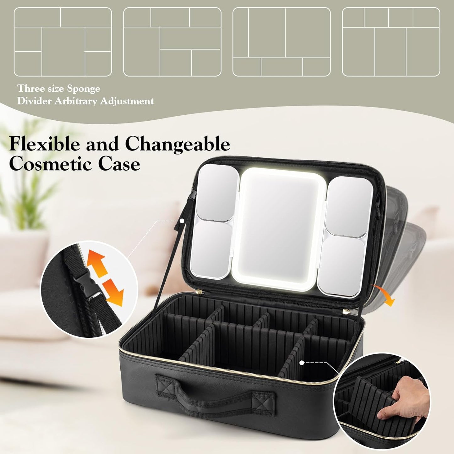 Extra Large Makeup Bag with LED 1X5X10X20X30X Magnifying Mirror and Travel Makeup Train Case Cosmetic Organiser with Mirror and Separate Makeup Brush Panel, Portable Adjustable Divider,Black-XL