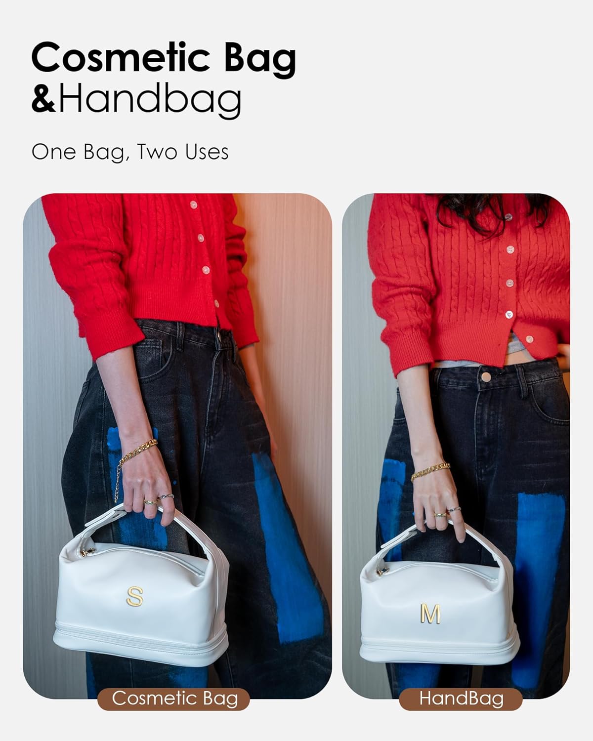 Monogrammed Gift for Women Girls, Initial Makeup Bag, Personalized Double Layer Cosmetic Bag with Makeup Brush Organizer, Large Capacity PU Leather Travel Toiletry Bag, Sister Gifts