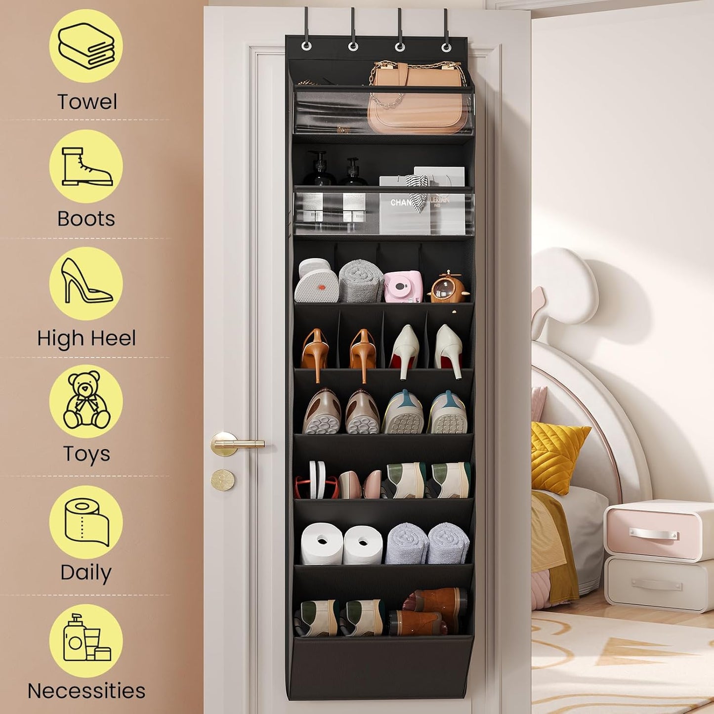 Over the Door Shoe Organizer for Closet, Shoes Rack with 8 Tier Large Deep Pockets, Hanging Shoe Organizers for Boot Storage, Behind the Door Narrow Shoe Holder for Small Shoes, Black