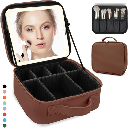 Travel Makeup Bag for Women and Makeup Artists Cosmetic Organizer Large Makeup Case,Travel Makeup Bag with Mirror 3 Color Setting,Portable Storage and Adjustable Dividers(Dark brown)