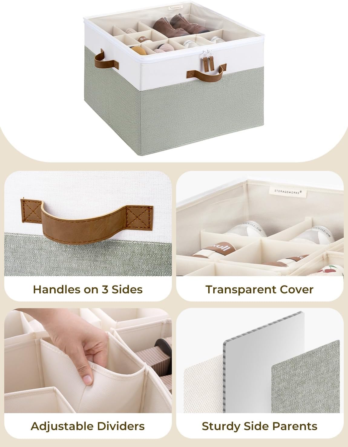 StorageWorks Shoe Organizer for Closet, Fits up to 16 Pairs, Shoe Cubby Storage Containers with Adjustable Dividers and Clear Cover, Green & White