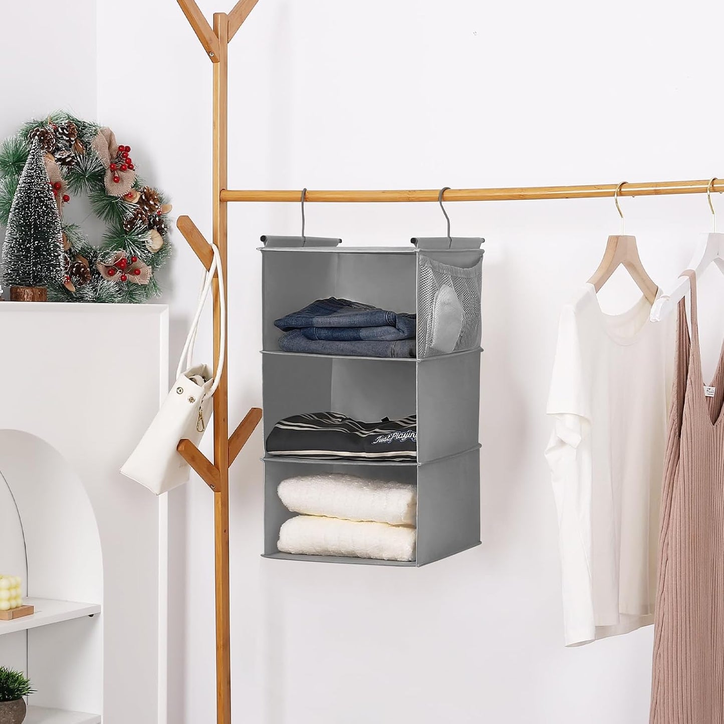 MAX Houser 3 Tier Shelf Hanging Closet Organizer, Space Saver,Closet Hanging Shelf with 2 Sturdy Hooks for Storage, Foldable (Grey)