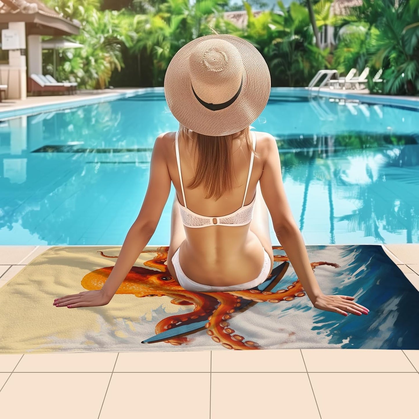 WZOMT Microfiber Octopus Beach Towel, Funny Octopus Surfing Ocean Animal Print Bath Towel for Kids Adults, Orange Blue Quick Dry Sandproof Towels for Swim/Travel/Pool, Oversized 32x52 Inch