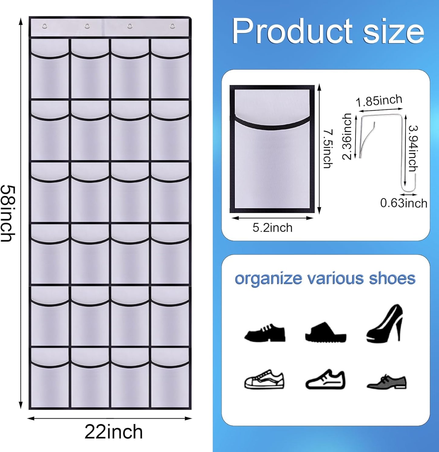 Over the Door Shoe Organizer, 24 Large Breathable Mesh Pockets, Hanging Storage Holder, Hanging Shoe Organizer(White)