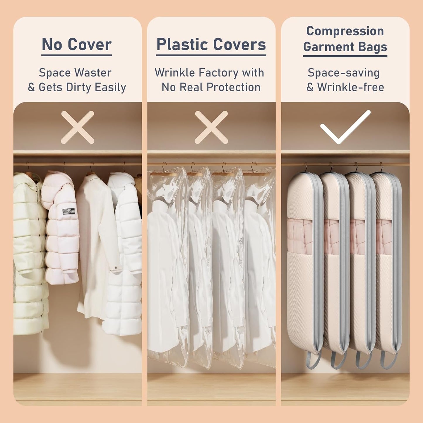 DIMJ 4 Pack 54" Garment Bags for Hanging Clothes - Space Saving Compression Suit Bag Travel with Handles Window, Washable Carry Clothing Storage Cover for Dress, Coats, Down Jacket, Shirts