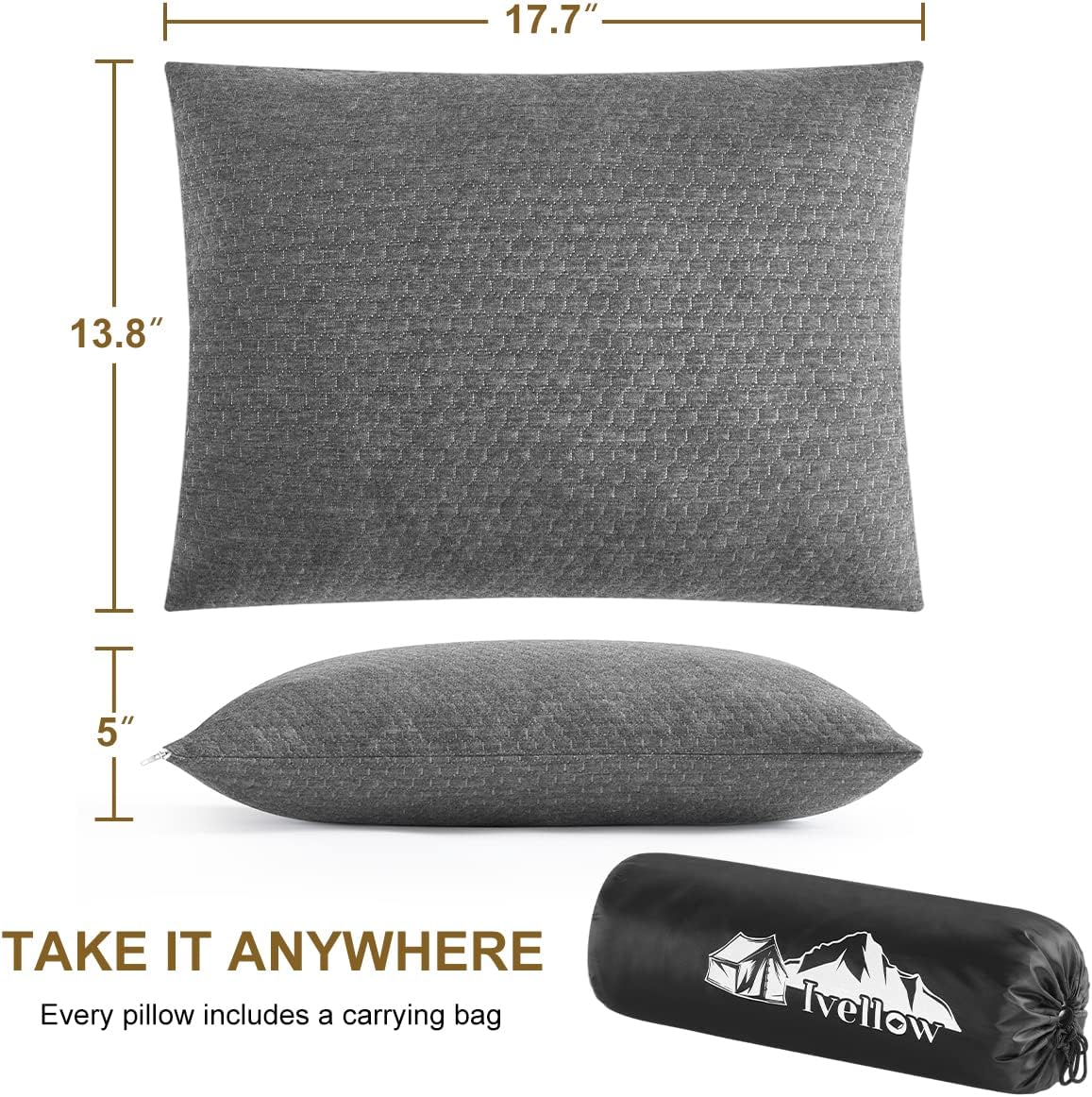 Ivellow Travel Pillow Compressible Camping Pillow for Sleeping Shredded Memory Foam Pillow Compact Firm Supportive for Adults Kids Outdoor Backpacking Hiking Essential Gear