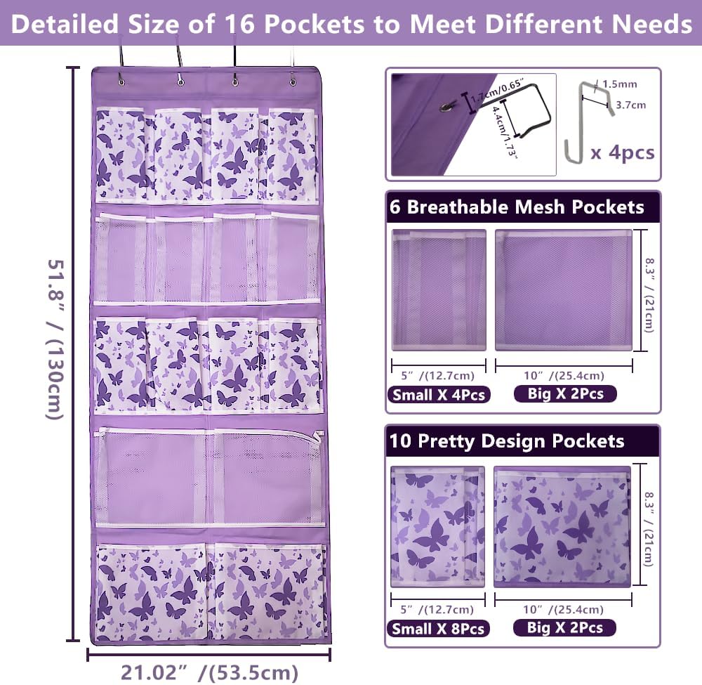 Over the Door Storage Organizer with 4 Kind of Pockets,Hanging Organizer for Shoes,Sock,Hat,Underwear,Handbag,Hair Tools,Cosmetics,Toiletry,Hanging Shelf Behind Door of Bathroom,Closet,Entrance,Purple