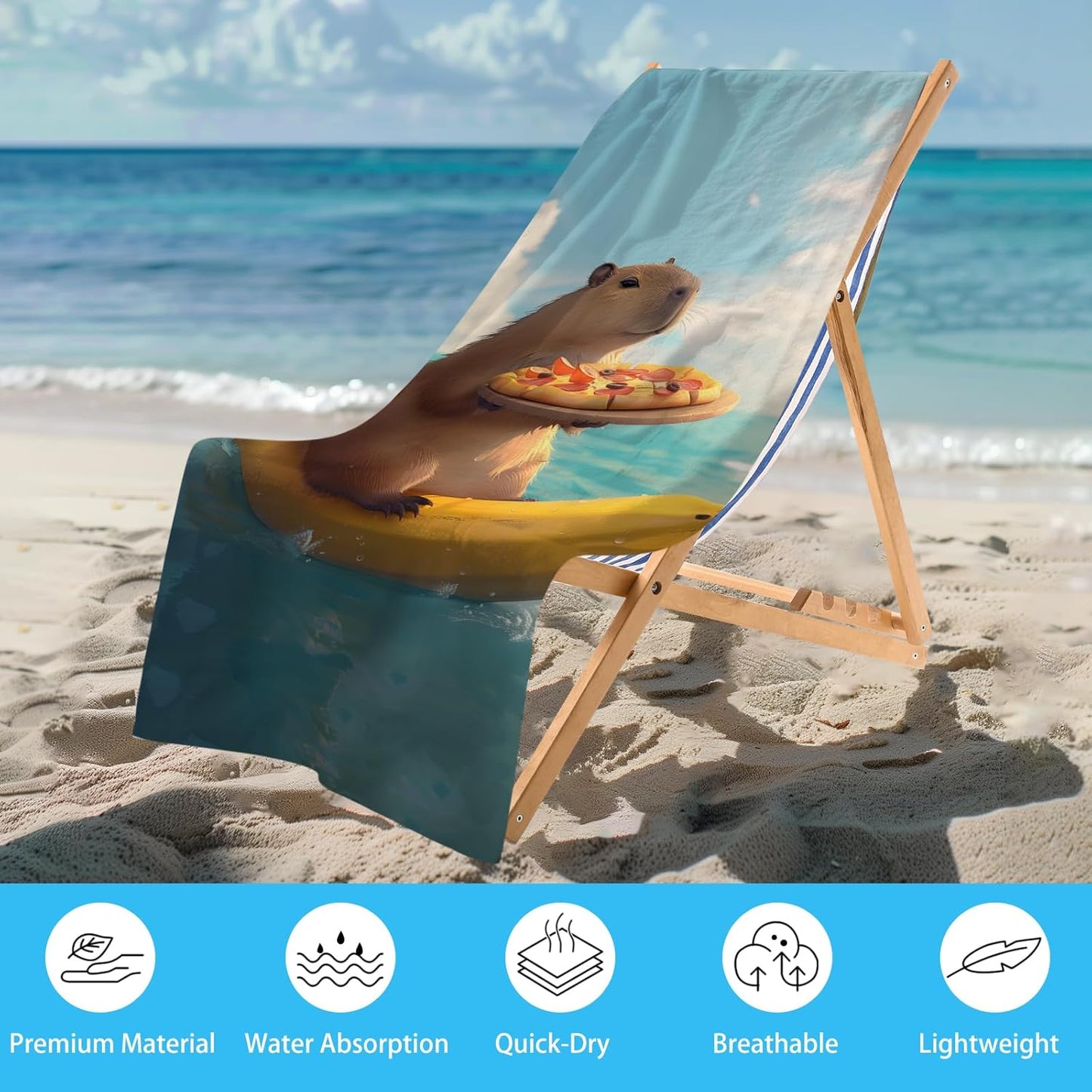 WZOMT Cute Capybara Beach Towel, Capybaras Gifts for Capybaras Lovers, Funny Capybara Eating Pizza On A Banana Boat Print Bath Towels, Soft Quick Dry Swim/Surf/Pool Towel Oversized 32x52 Inch