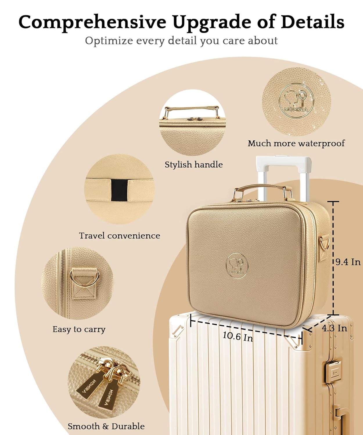 MOMIRA Travel Makeup Bag Cosmetic Bag with Lighted Mirror, Adjustable Brightness in 3 Color Scenarios/Detachable makeup mirror, All-round Upgrade, Waterproof, Gift for Women -Gold