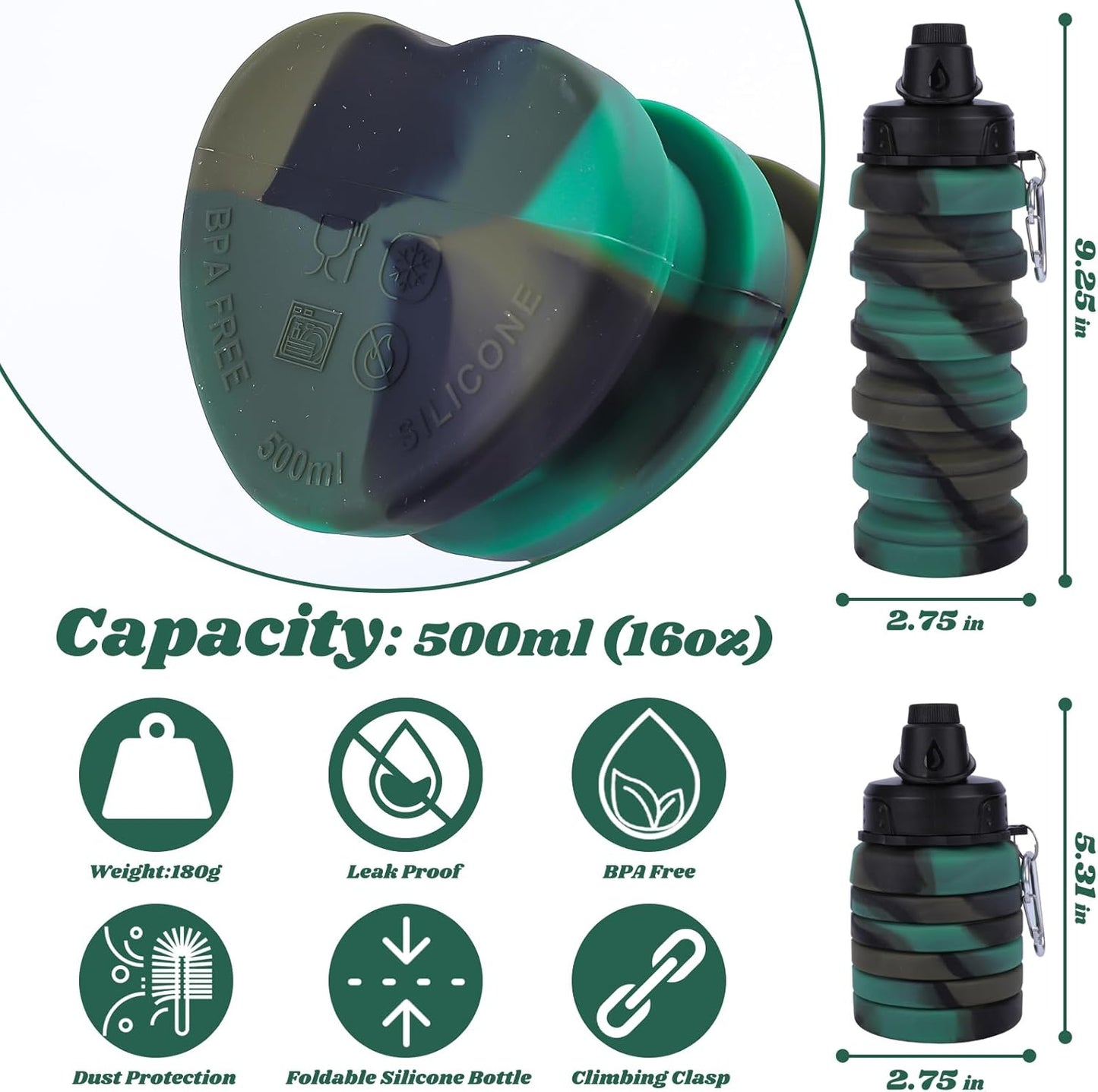 Collapsible Water Bottle for Adults, Boys, Students, Kids, Reusable Silicone Foldable Water Bottles for Travel Camping Hiking Sports,Leak-Proof Portable Sports Water Bottle (Camouflage & Green)