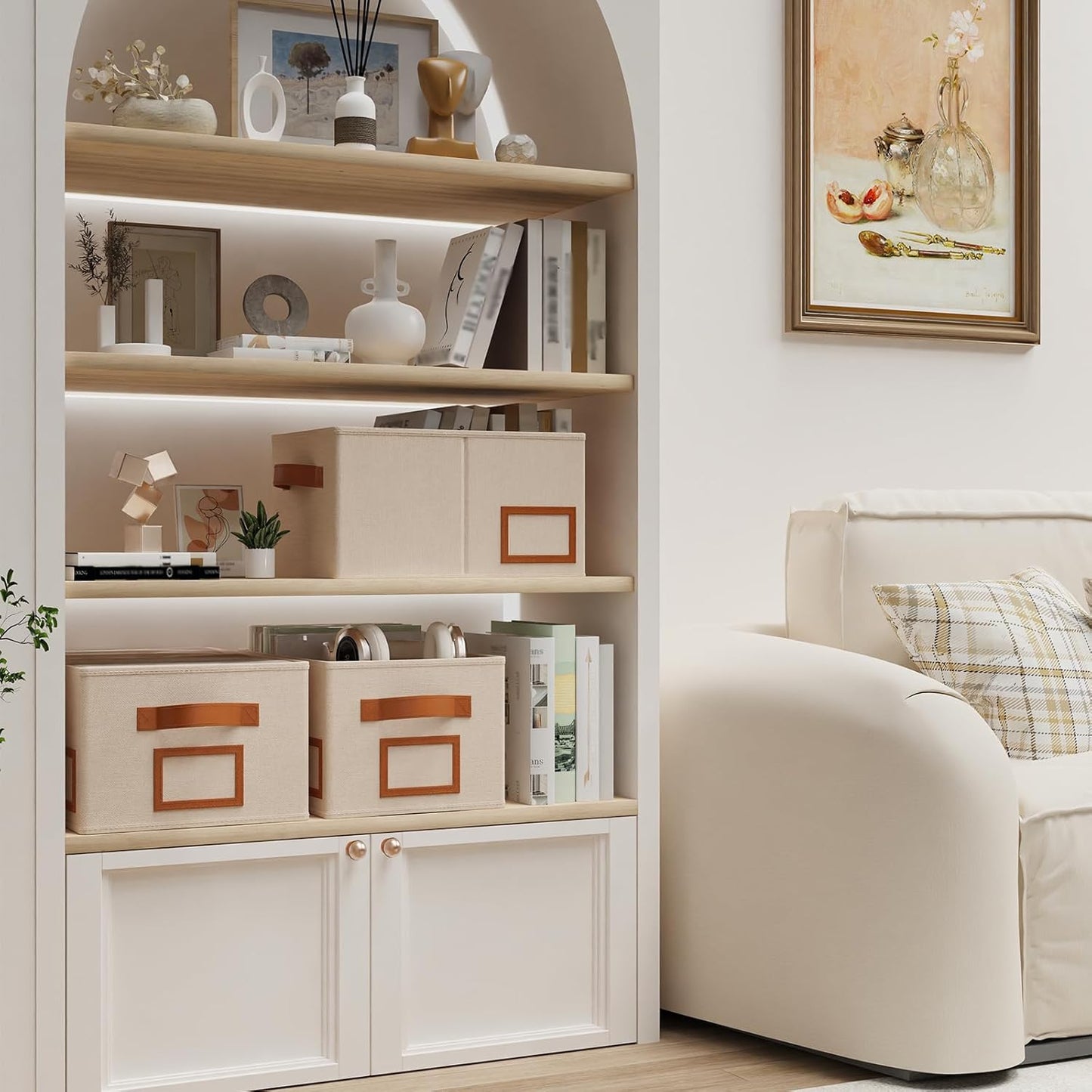 OUTBROS Foldable Storage Box for Shelves, 15.7 x 11.8 x 7.9 inch Fabric Baskets, Wardrobe Organiser with Handles, Suitable for Storing Clothes, Books, Cosmetics (Beige, 3-Pack)