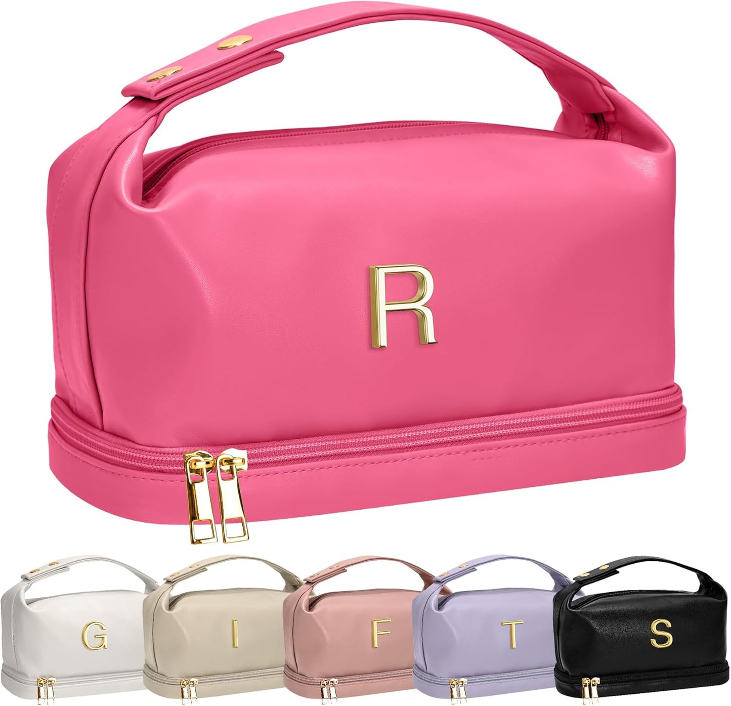 Gifts for Women 30s, Personalized Makeup Bag with Handle, Initial Double Layer Cosmetic Bag with Makeup Brush Organizer, Cute Cosmetic Pouch for Women, Gifts for Friends Granddaughter