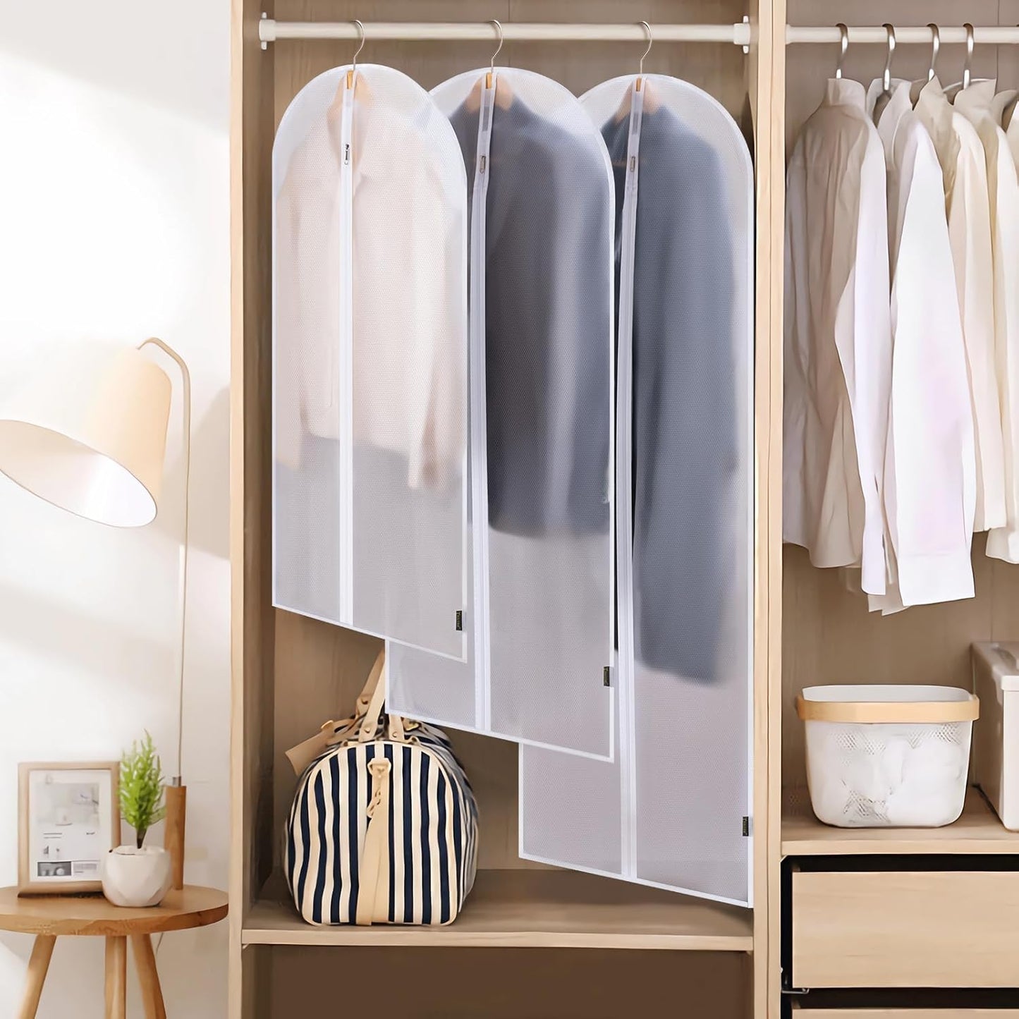 BALEINE 60'' Translucent Garment Bags, 6 Packs PEVA Dress Bag for Closet Clothes Dresses Suit Coats Storage (White, 6PK)