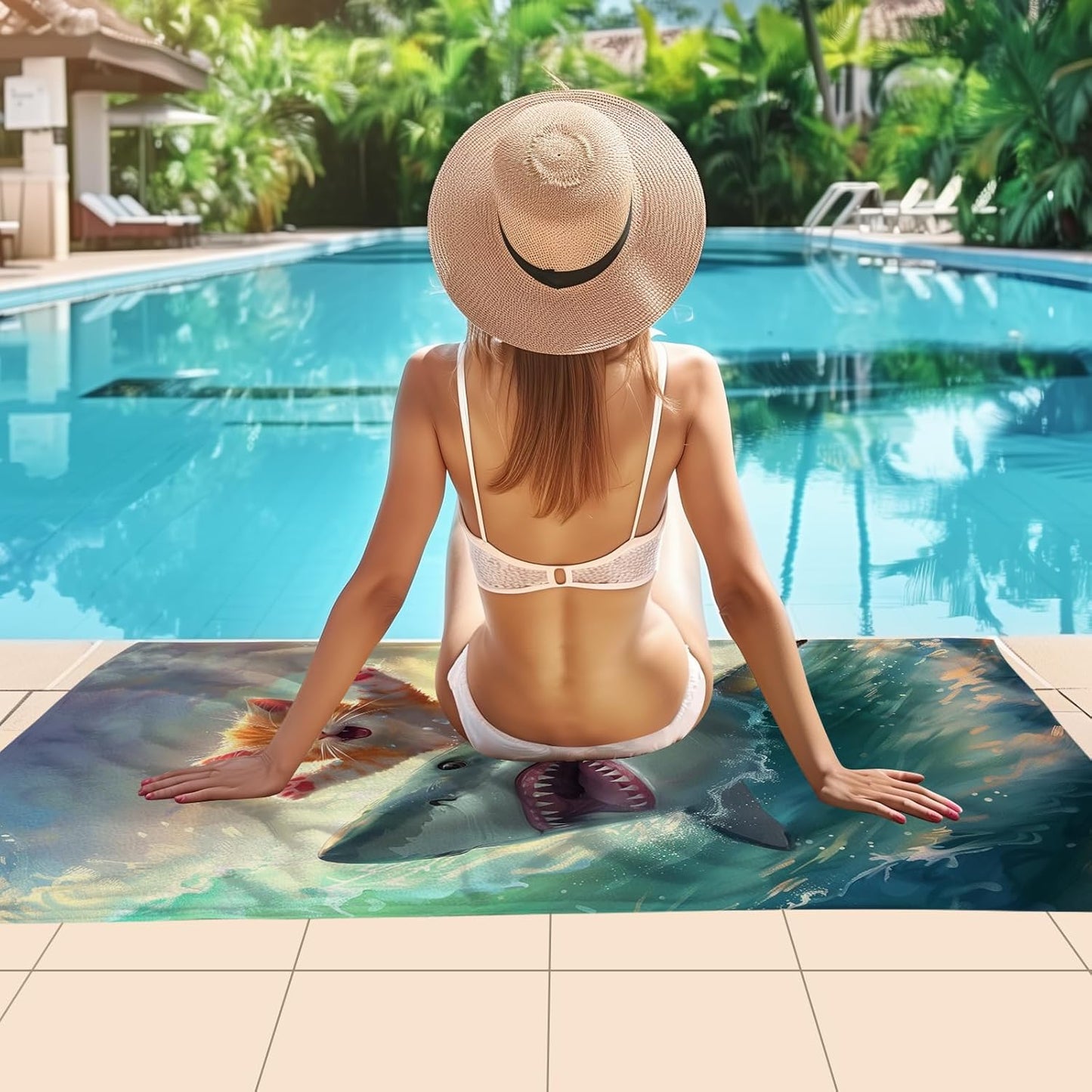 WZOMT Cute Cat Beach Towel, Microfiber Shark Beach Towel, Funny Cat Ride Shark Surfing Ocean Towels, Cats Towels for Cats Lovers, Quick Dry Kitten Kitty Bath Pool Towel, Oversized 32x52 Inch