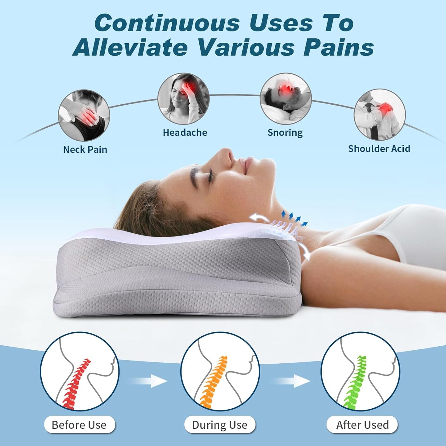 Cervical Neck Pillow for Pain Relief - Cooling Ergonomic Neck Support Pillow for Sleeping, Orthopedic Contour Memory Foam Pillows for Side, Back & Stomach Sleepers with Pillowcase