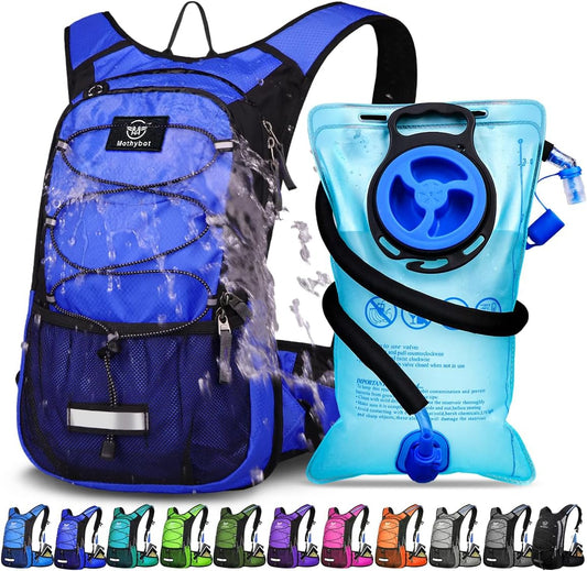 Insulated Hydration Backpack Pack with 3L BPA Free Leak Proof Water Bladder, Large Storage Lightweight Hiking Daypack with Waist Pouches & Cooler Layer, for Running, Biking, Camping, Festival