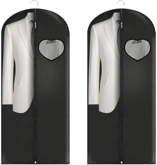 Dress Bags for Gowns Long, 60'' Garment Bags for Hanging Clothes, Suit Bag Cover for Storage and Travel, with Clear Heart Window, 2 Pack (Black)