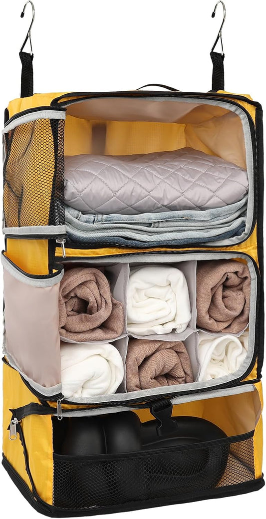 TABITORA Travel Portable Hanging Shelves Closet Organizer Packing Luggage Storage with Multifunctional and Foldable Invisible Compartment,Lightweight, for Suitcase, RV,Closet…Yellow,XL