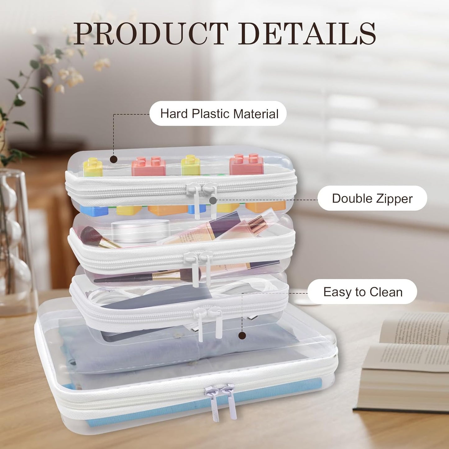 4PCS Clear Hard Zipper Case - Portable Organizer Pouches, Waterproof Plastic Cosmetic Bag,Travel Organizer Box for Cable, Make up Tools and Toiletries（White）